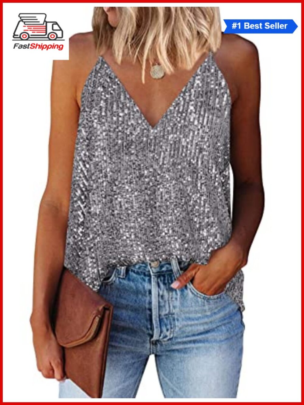 ✨ Sparkle Sequin Tank Top V Neck Racerback Sleeveless Party Top